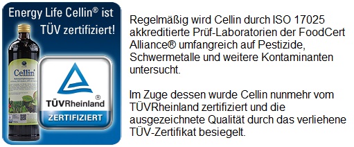 Cellin wird regelmäßig vom TÜV Rheinland kontrolliert und entspricht allerhöchsten Ansprüchen in Apothekerqualität.