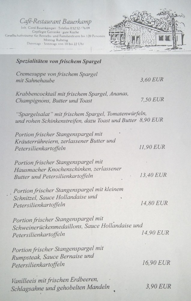 Spargelkarte im Cafe Restaurant Bauerkamp in Schlangen