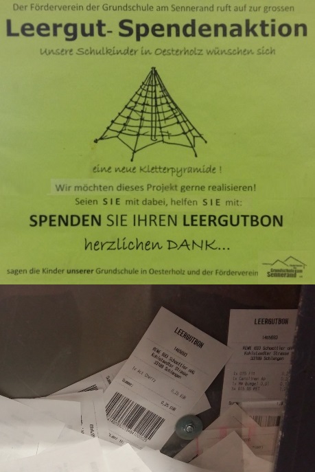 Leergutbons im REWE-Markt für eine neuen Kletterpyramide der Grundschule Schlangen-Oesterholz