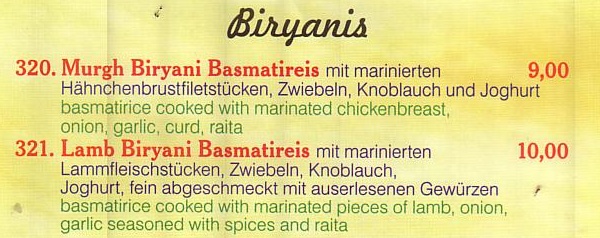 Biryani bei Pizza Mara in Schlangen