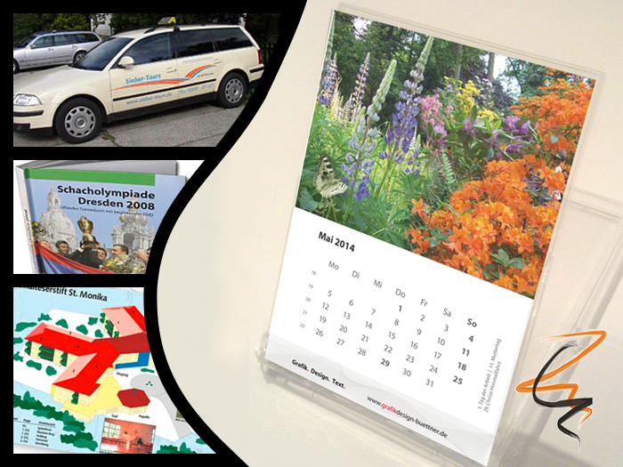 Designauswahl von Grafikdesignerin Uta Büttner mit Fahrzeugbeschriftung, Kalender Skizzen und Logos.