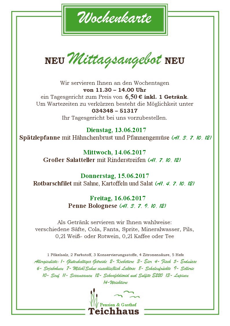 AKTUELLE WOCHENKARTE VOM 13.06. BIS 16.06.2017