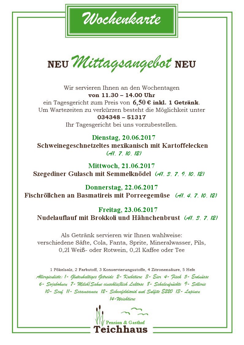 AKTUELLE WOCHENKARTE VOM 20.06. BIS 23.06.2017