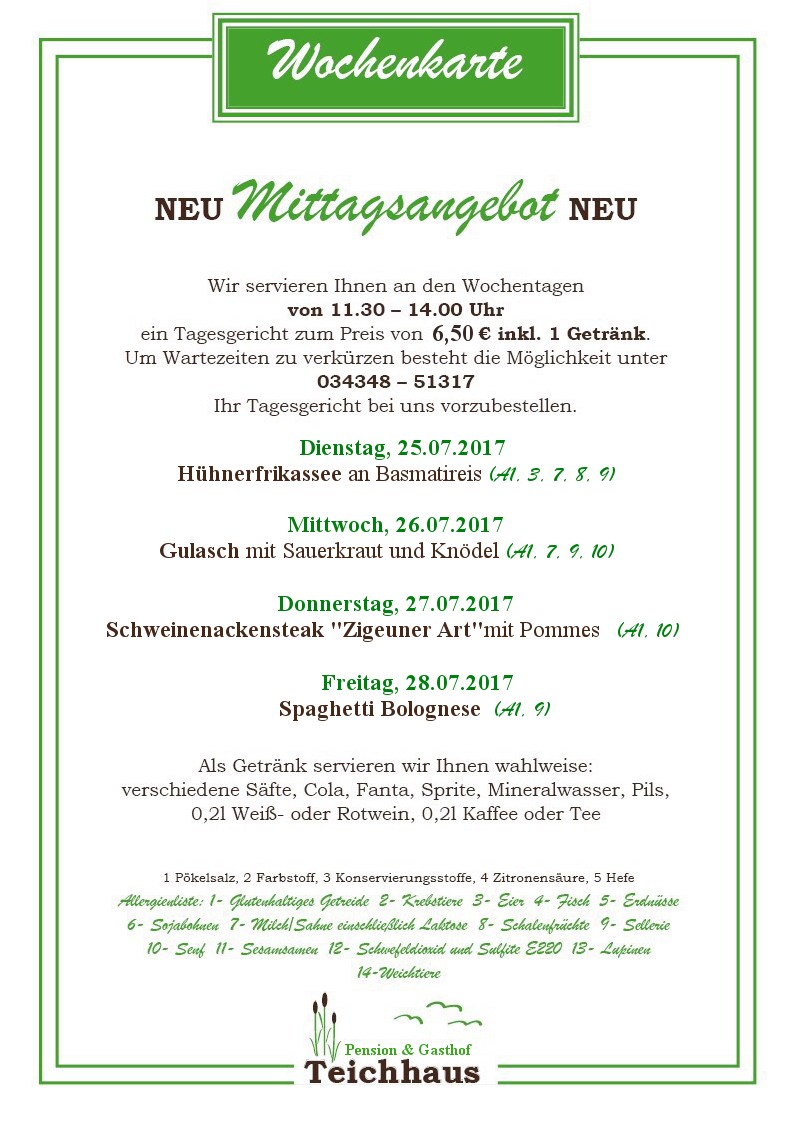 AKTUELLE WOCHENKARTE VOM 25.07. BIS 28.07.2017