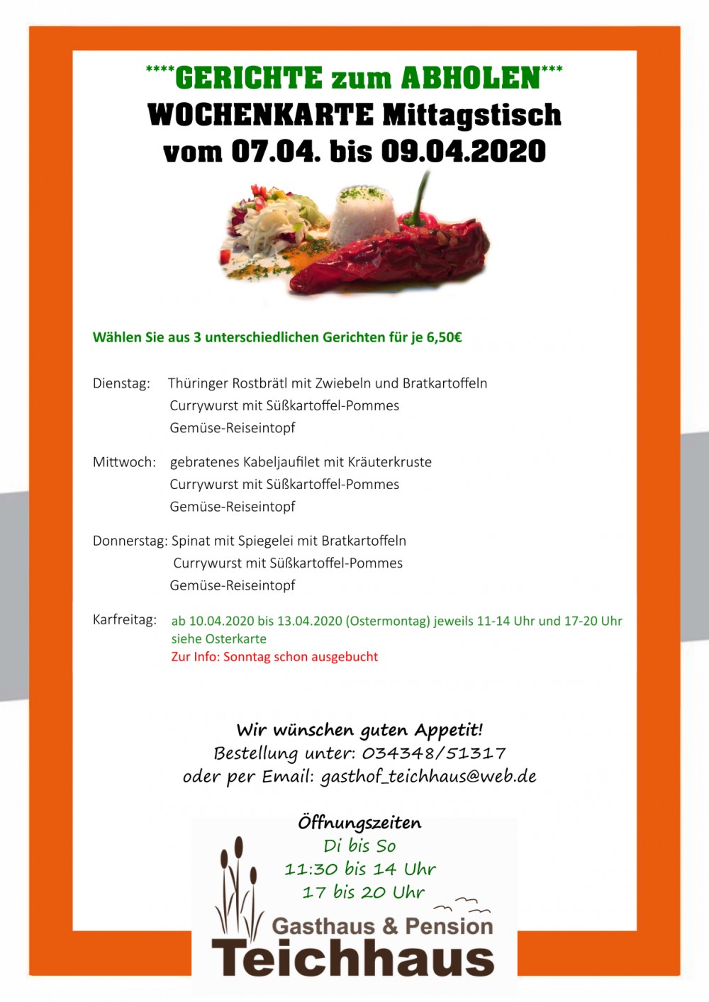 NEUE Wochenkarte, Cateringkarte Teichhaus